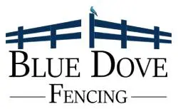 A blue dove fencing logo with a bird sitting on top of it.