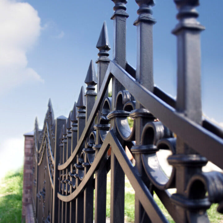 A close up of the iron fence on a sunny day.